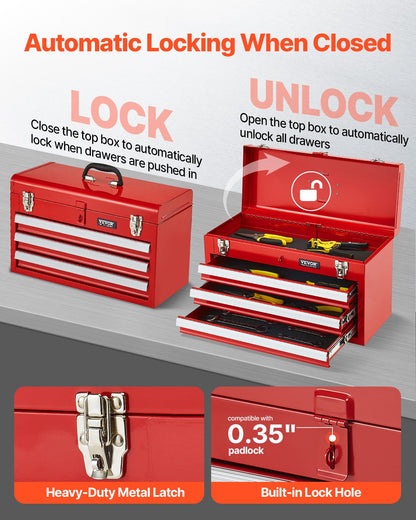 VEVOR Tool Box 520 mm Portable Metal Tool Box 3 Drawers Tool Organizer Red
