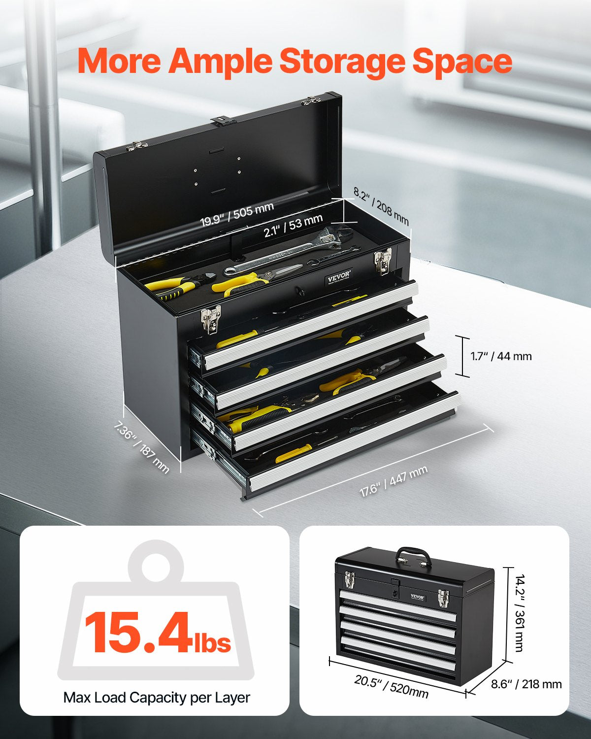 VEVOR Tool Box 520 mm Portable Metal Tool Box with 4 Drawers Tool Organizer