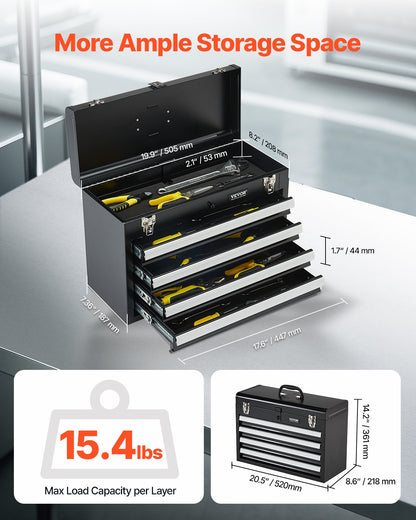 VEVOR Tool Box 520 mm Portable Metal Tool Box with 4 Drawers Tool Organizer