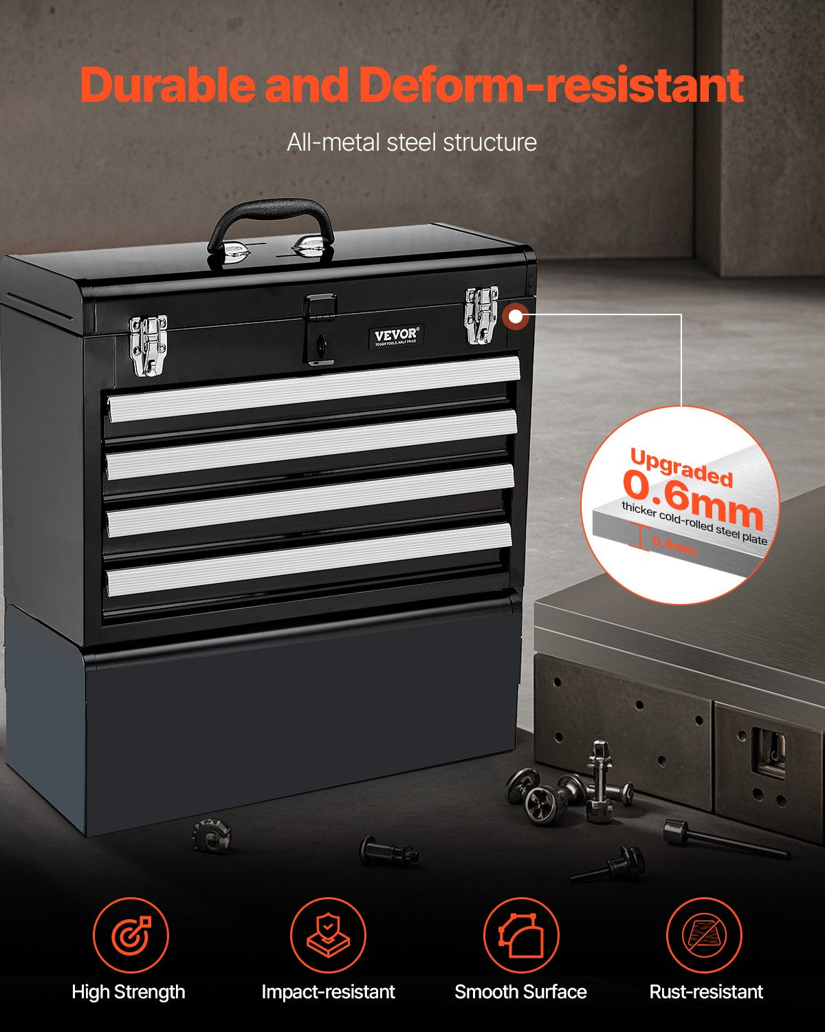 VEVOR Tool Box 520 mm Portable Metal Tool Box with 4 Drawers Tool Organizer