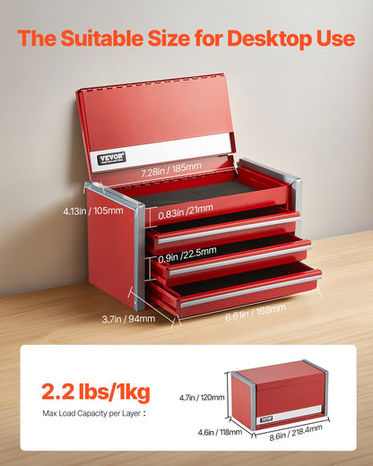 VEVOR Tool Box 218.4 mm Portable Metal Tool Box 3 Drawers Tool Organizer Red