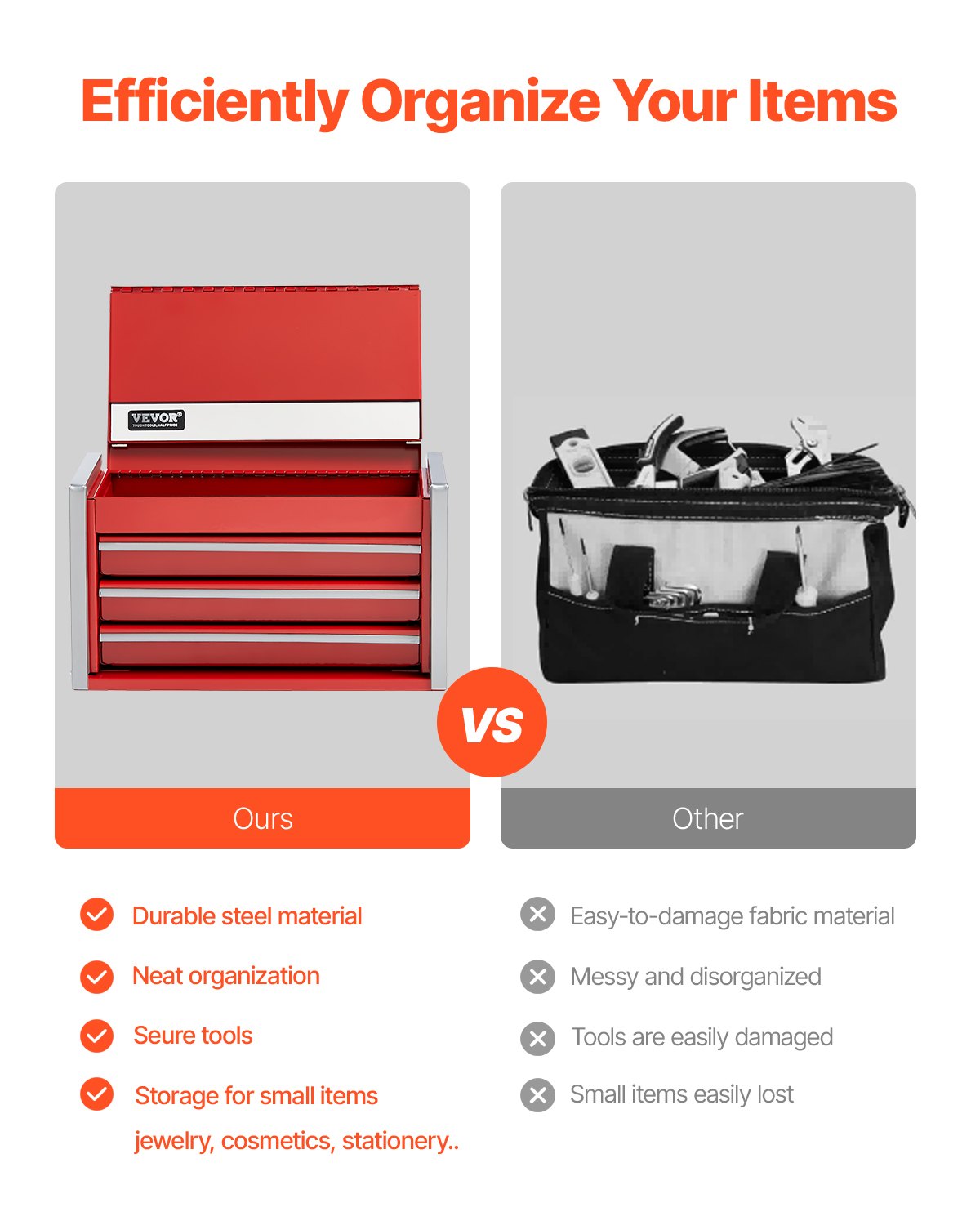 VEVOR Tool Box 218.4 mm Portable Metal Tool Box 3 Drawers Tool Organizer Red