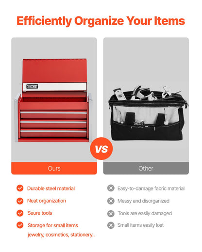 VEVOR Tool Box 218.4 mm Portable Metal Tool Box 3 Drawers Tool Organizer Red