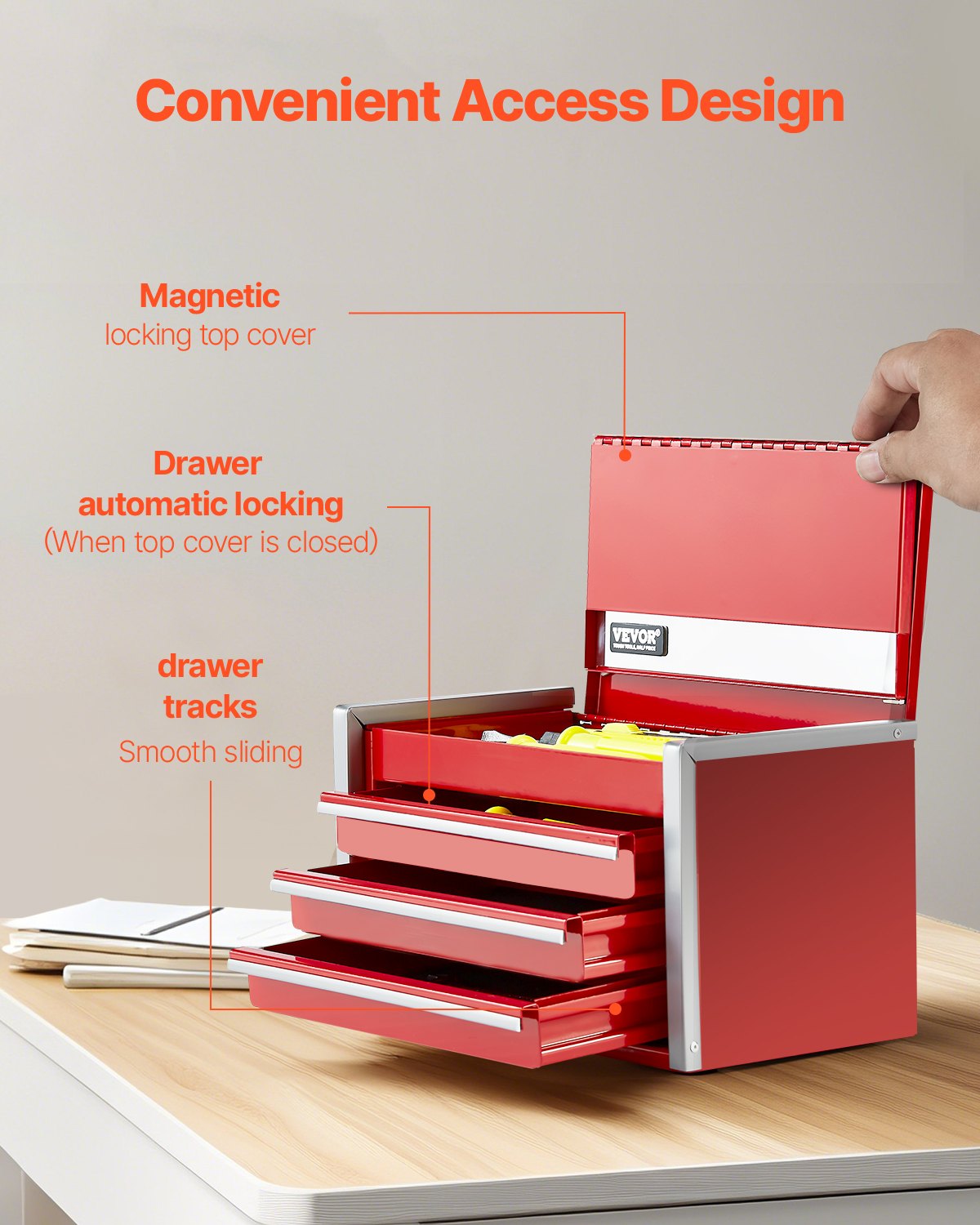 VEVOR Tool Box 218.4 mm Portable Metal Tool Box 3 Drawers Tool Organizer Red