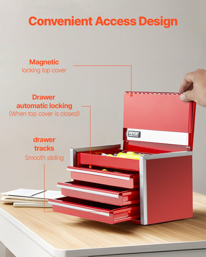 VEVOR Tool Box 218.4 mm Portable Metal Tool Box 3 Drawers Tool Organizer Red