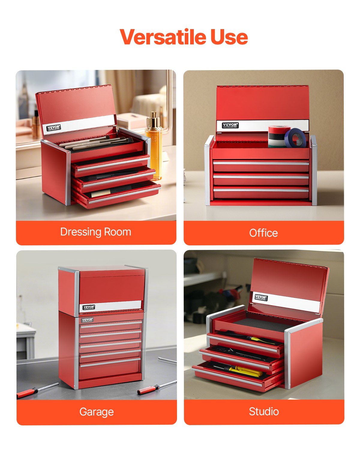 VEVOR Tool Box 218.4 mm Portable Metal Tool Box 3 Drawers Tool Organizer Red