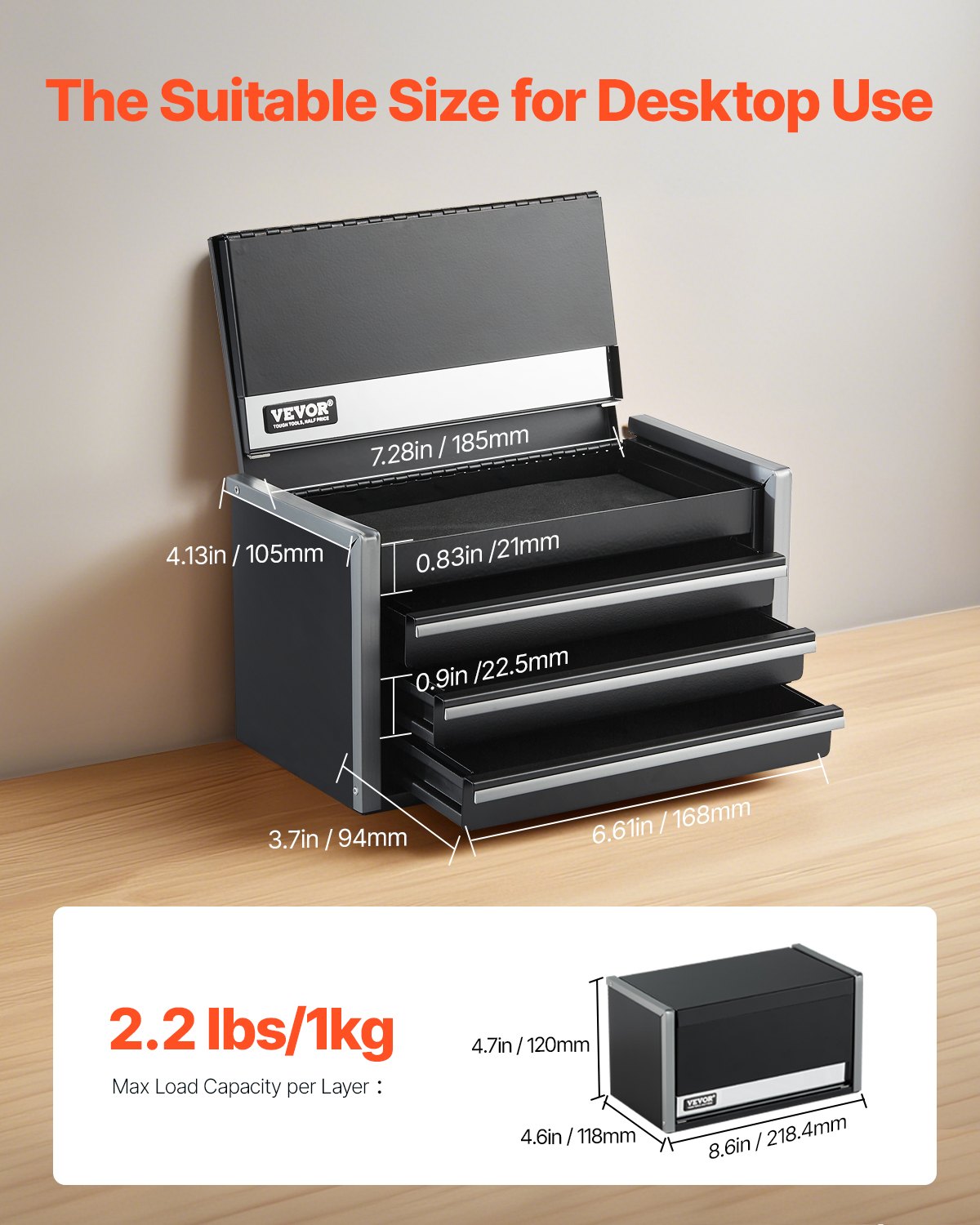 VEVOR Tool Box 218.4 mm Portable Metal Tool Box with 3 Drawers Tool Organizer