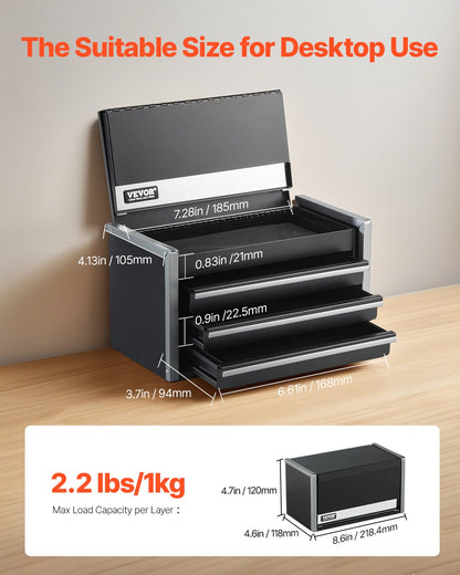VEVOR Tool Box 218.4 mm Portable Metal Tool Box with 3 Drawers Tool Organizer