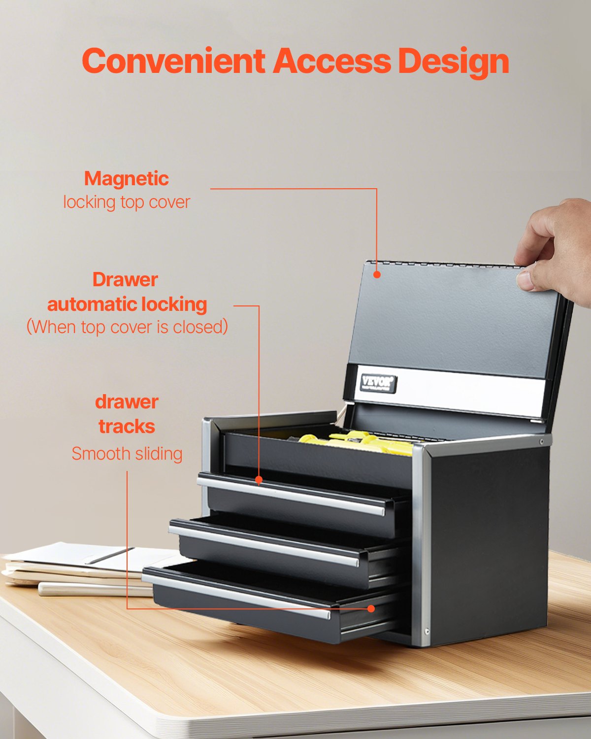 VEVOR Tool Box 218.4 mm Portable Metal Tool Box with 3 Drawers Tool Organizer