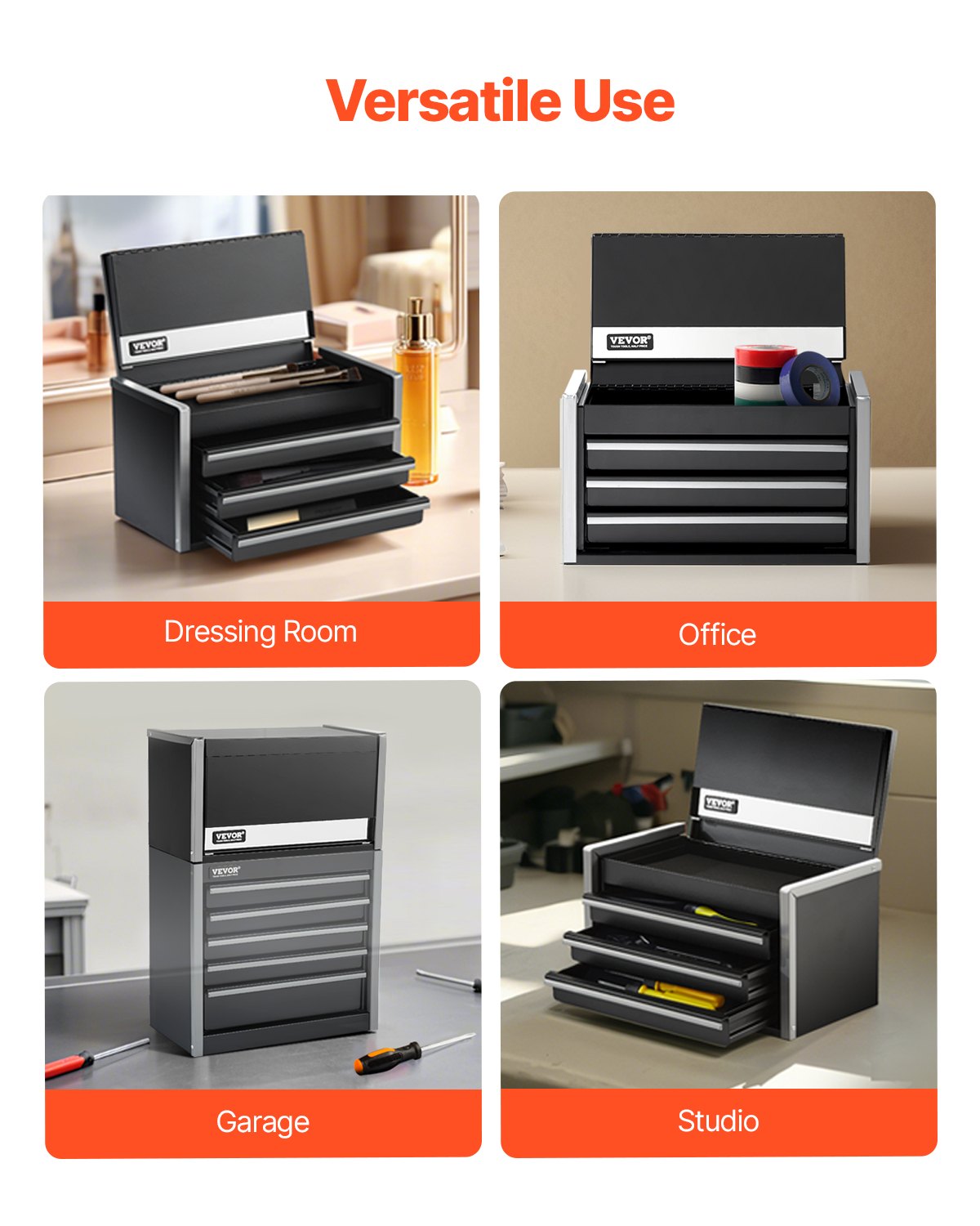 VEVOR Tool Box 218.4 mm Portable Metal Tool Box with 3 Drawers Tool Organizer