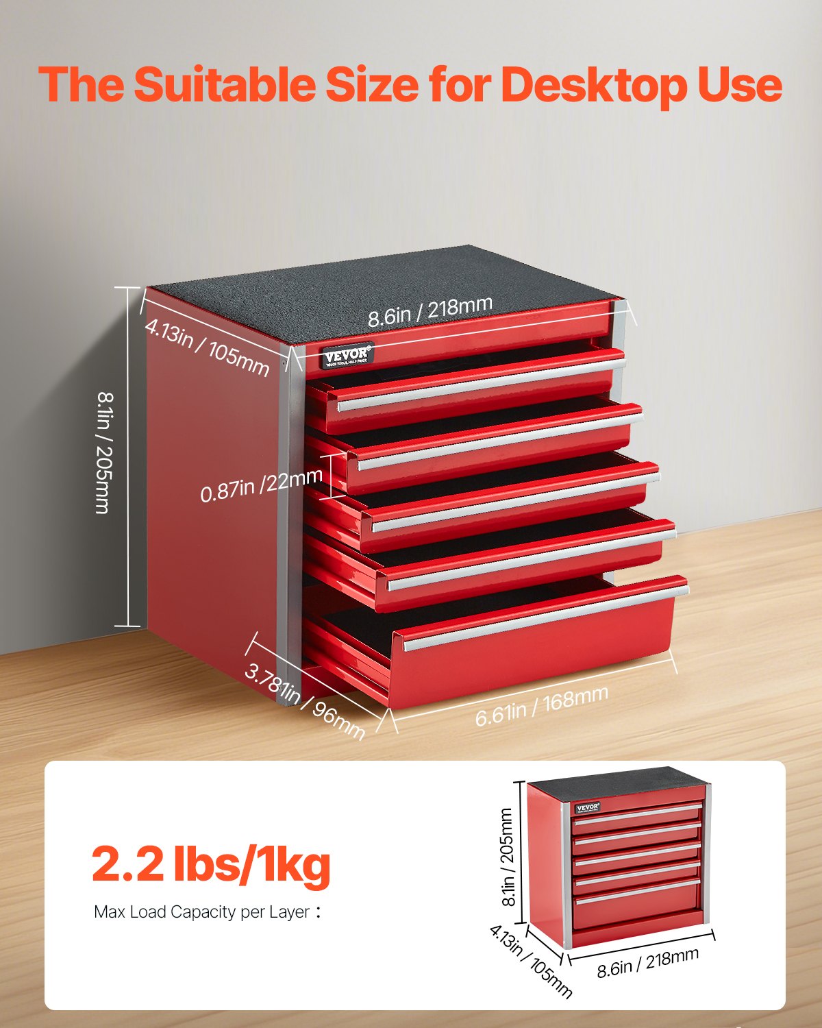 VEVOR Tool Box 218.4 mm Portable Metal Tool Box 5 Drawers Tool Organizer Red