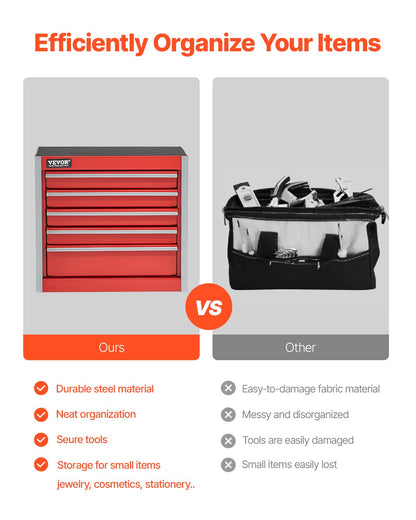 VEVOR Tool Box 218.4 mm Portable Metal Tool Box 5 Drawers Tool Organizer Red