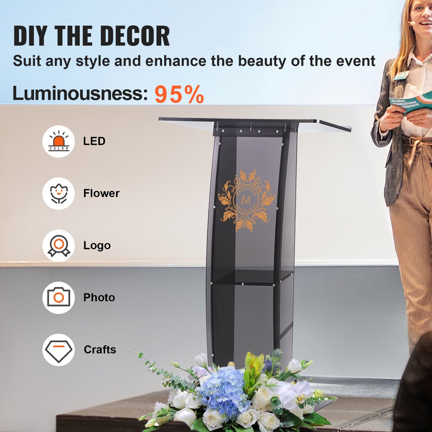 VEVOR Acrylic Podium, 47" Tall, Acrylic Podium Stand with Wide Reading Surface &