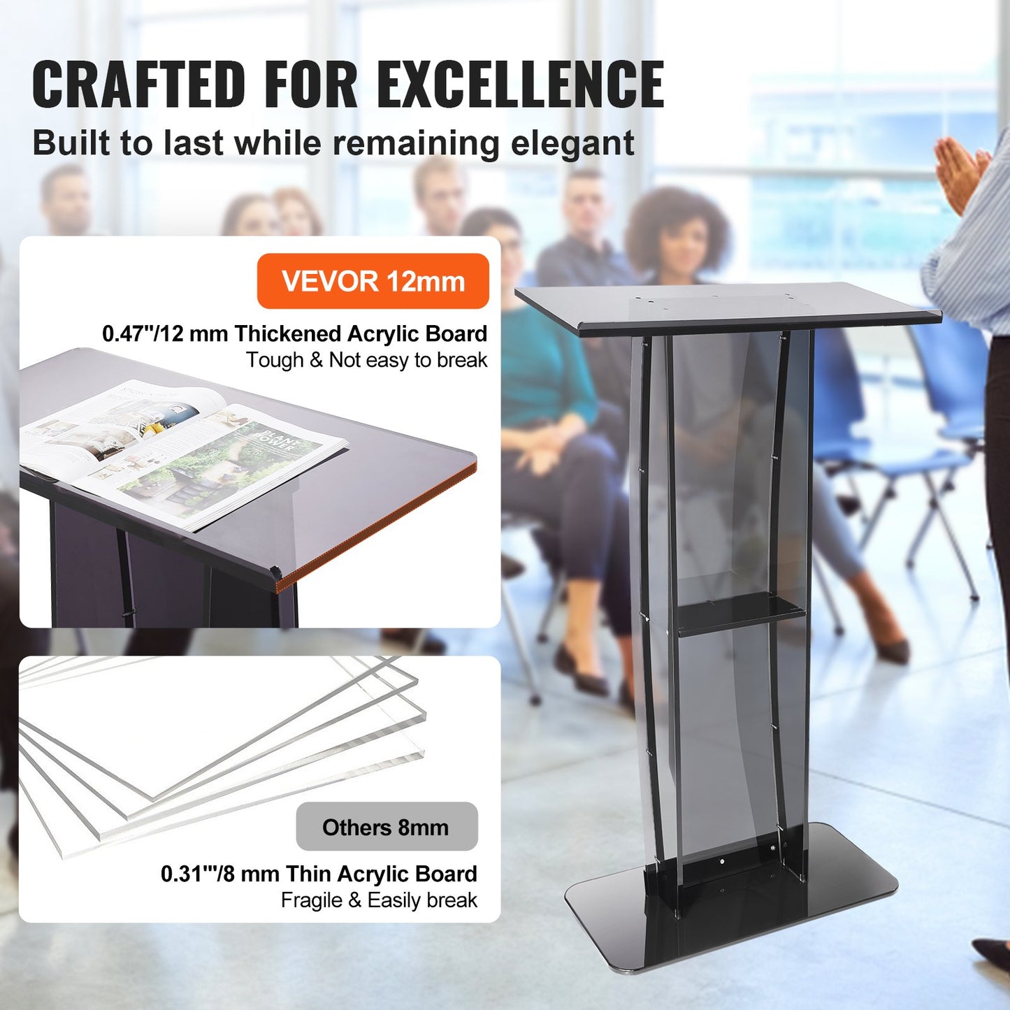 VEVOR Acrylic Podium, 47" Tall, Acrylic Podium Stand with Wide Reading Surface &