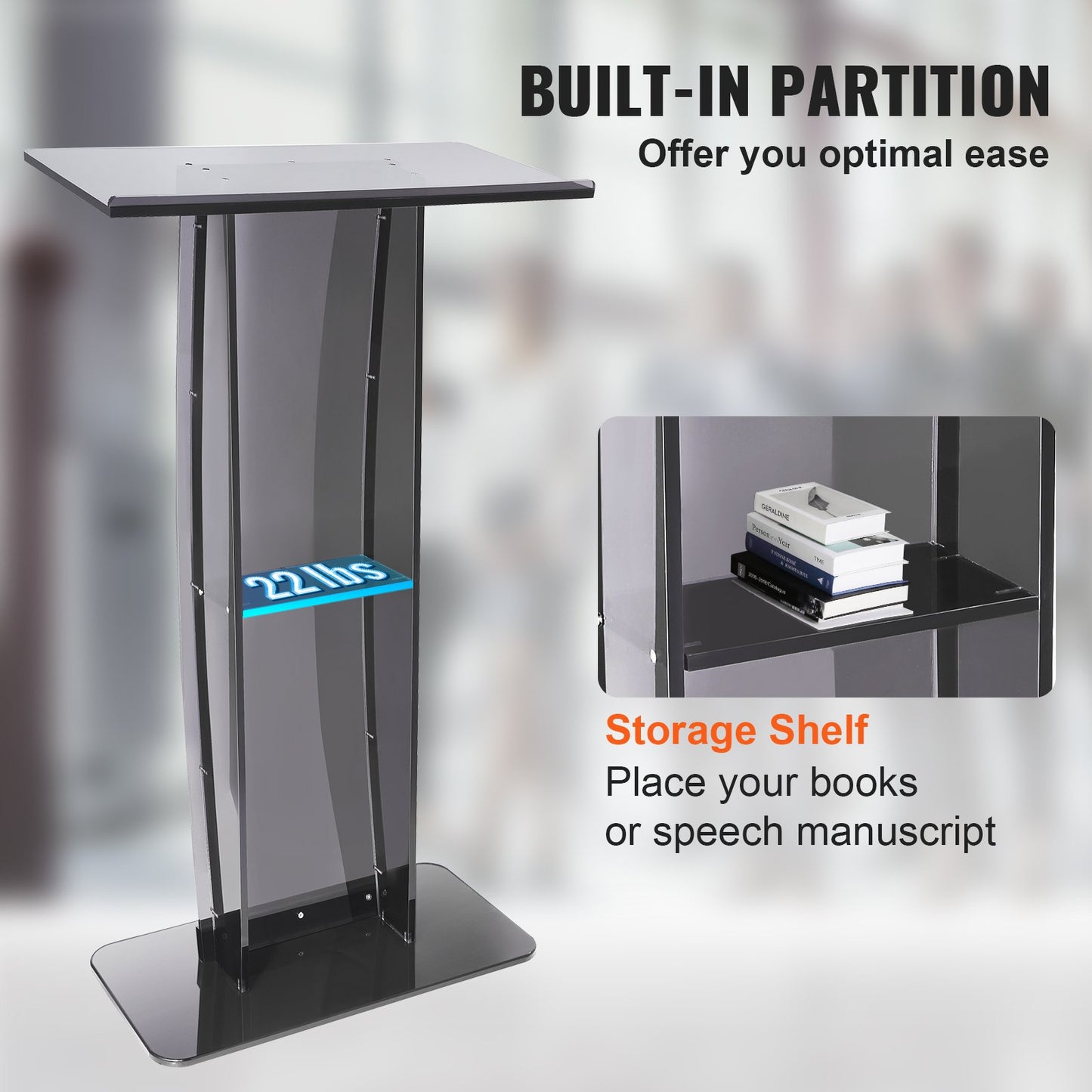 VEVOR Acrylic Podium, 47" Tall, Acrylic Podium Stand with Wide Reading Surface &
