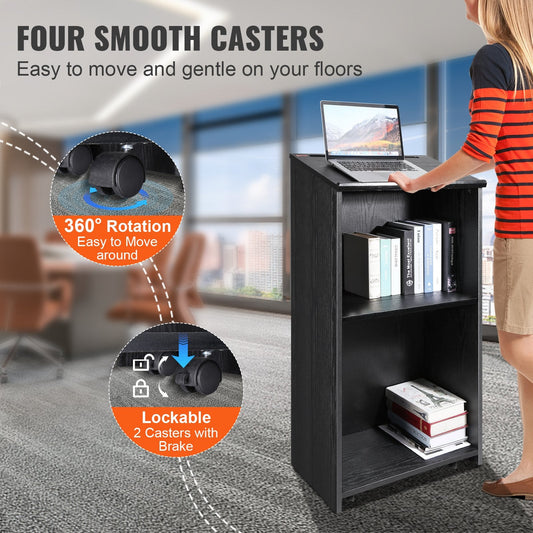 Mobile Wood Podium with Storage Shelves, 1.2m Tall, for Office or Church Use