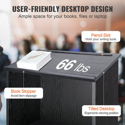 Mobile Wood Podium with Storage Shelves, 1.2m Tall, for Office or Church Use