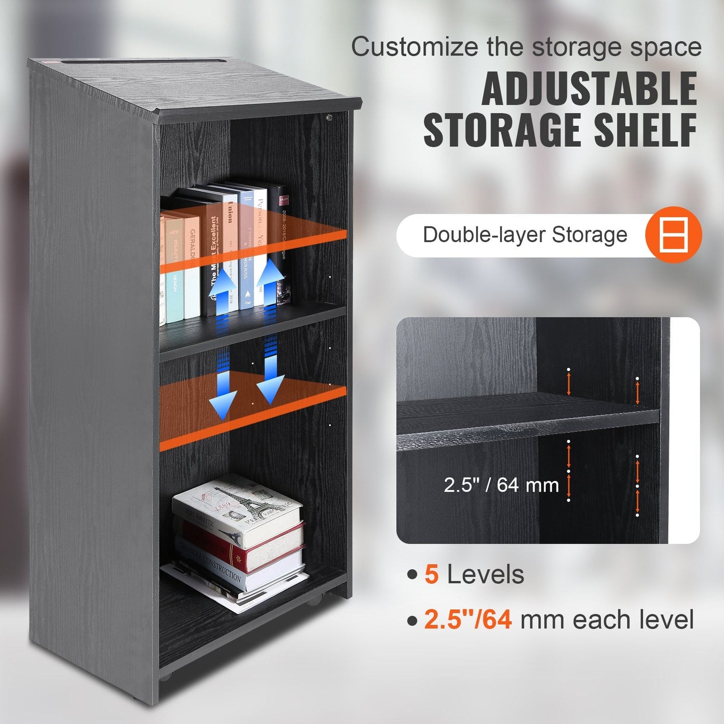 Mobile Wood Podium with Storage Shelves, 1.2m Tall, for Office or Church Use