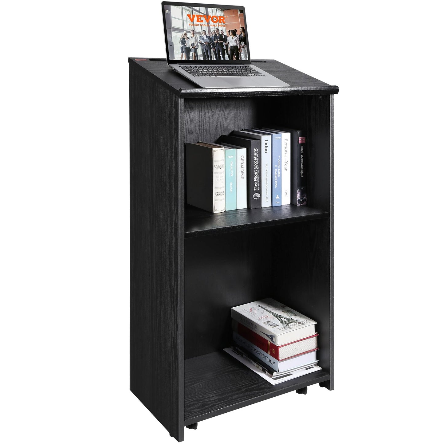 VEVOR Podium Stand, 47 in Hostess Stand with 4 Rolling Wheels, Wood Podium with