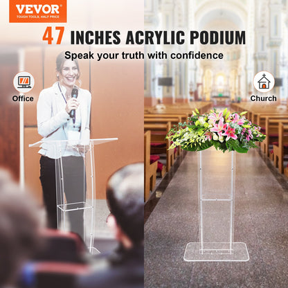 VEVOR Acrylic Podium, 47" Tall, Clear Acrylic Podium Stand with Wide Reading Surface