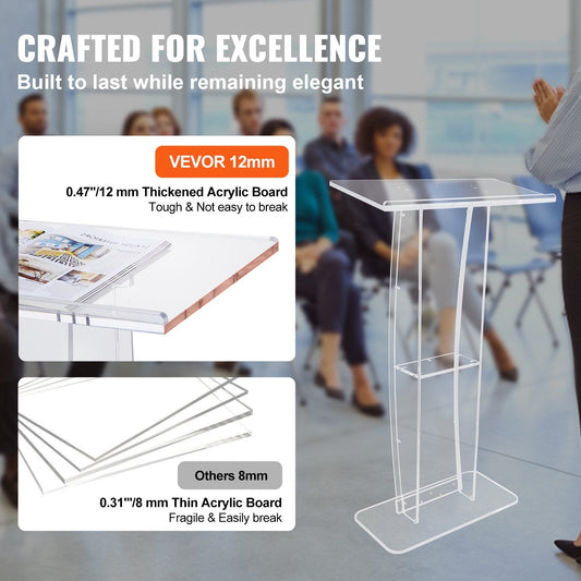 Clear Acrylic Podium Stand with Storage, 1.19m Tall for Church or Office Use