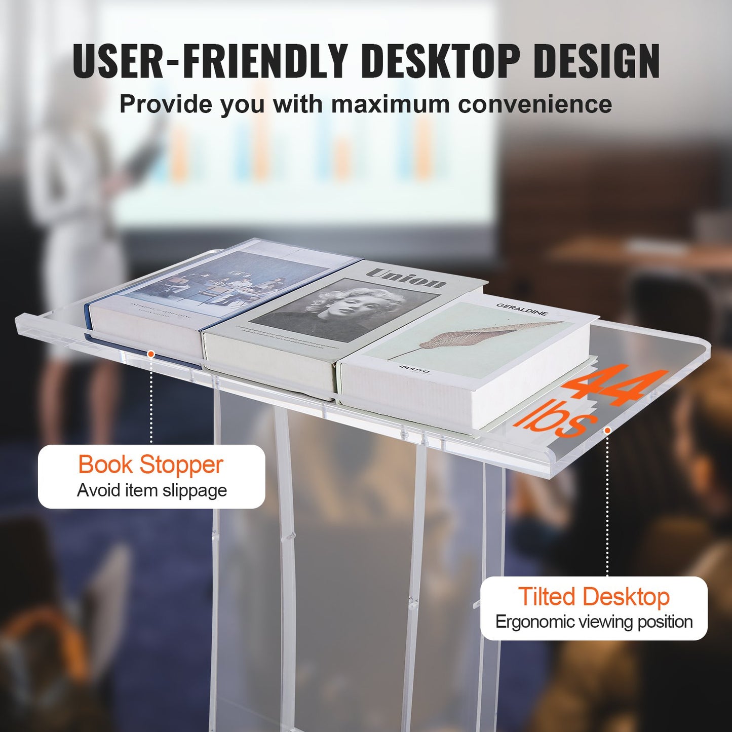 VEVOR Acrylic Podium, 47" Tall, Clear Acrylic Podium Stand with Wide Reading Surface
