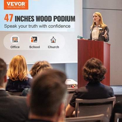 Wooden Podium Stand with Wheels, Adjustable Shelves - 1.2m, 24.5kg, Brown