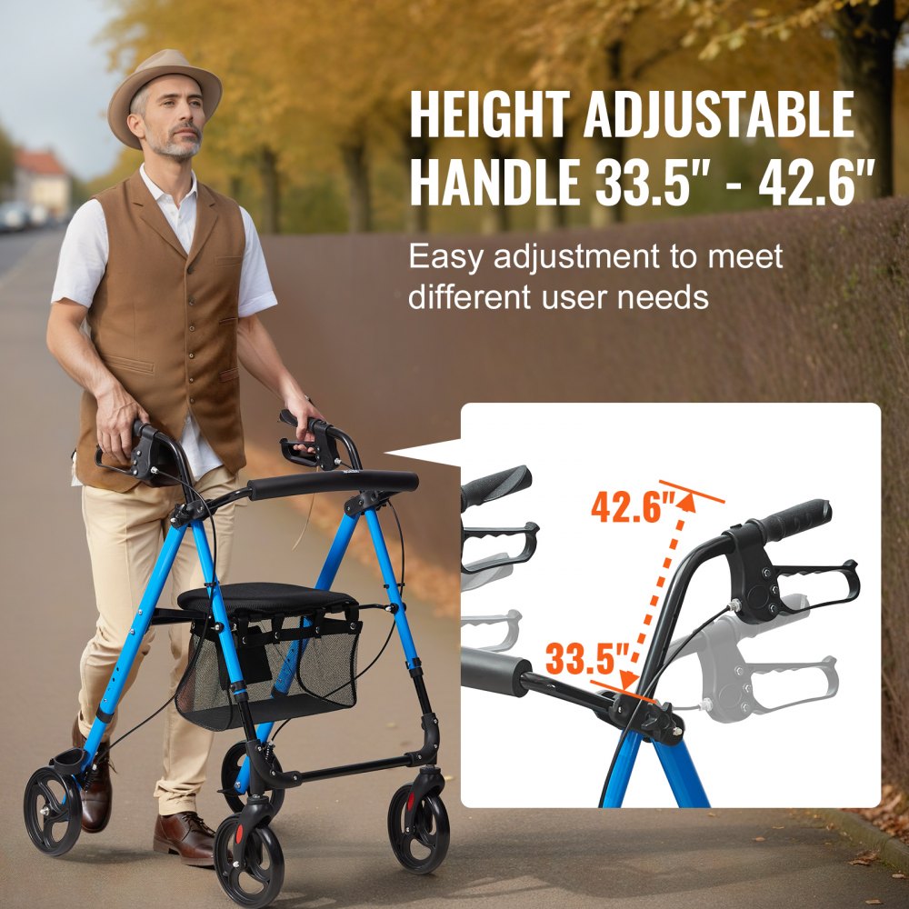 Rollator Walker for Seniors and Adult, Lightweight Aluminum Foldable Rolling Walker with Adjustable Seat and Handle, Out