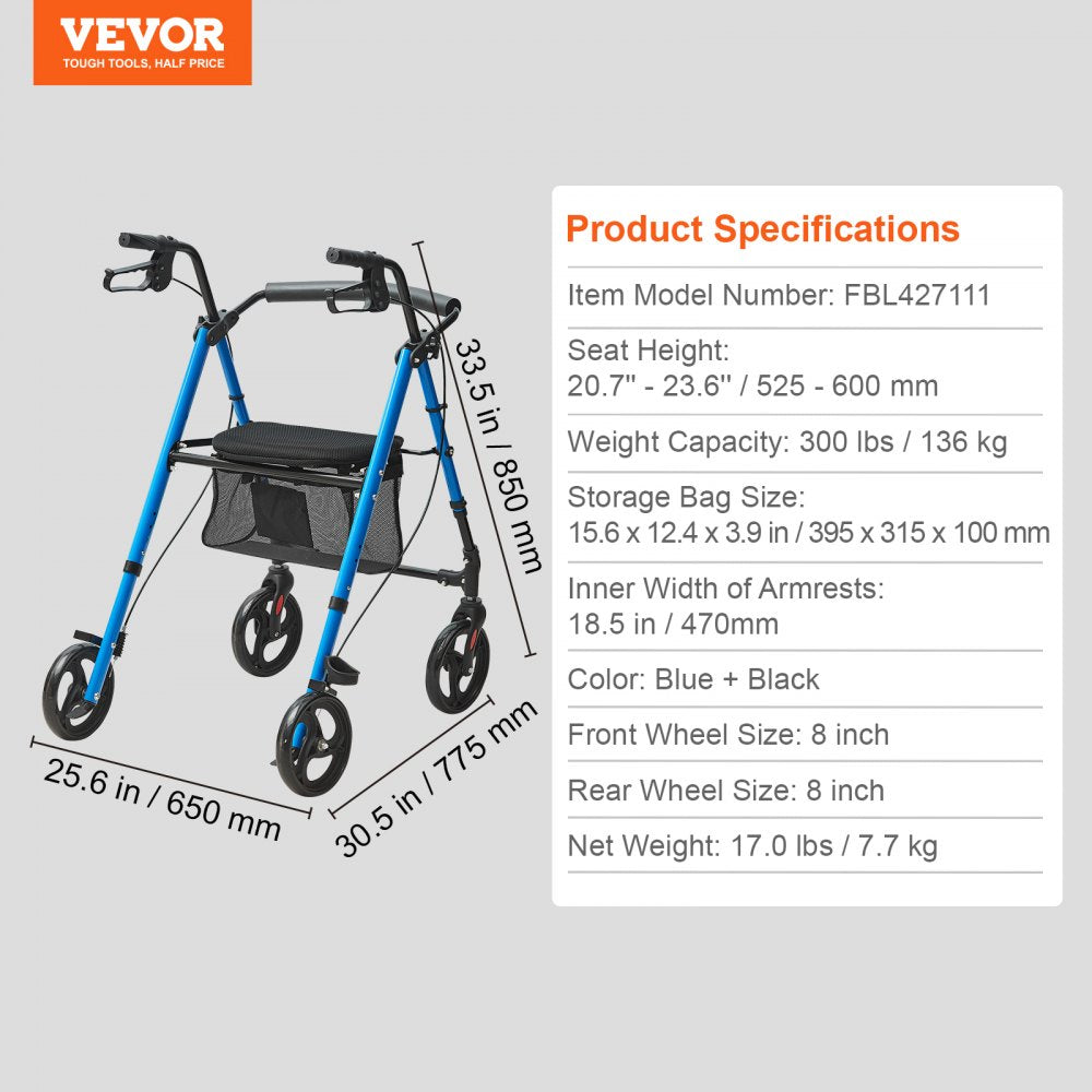 Rollator Walker for Seniors and Adult, Lightweight Aluminum Foldable Rolling Walker with Adjustable Seat and Handle, Out