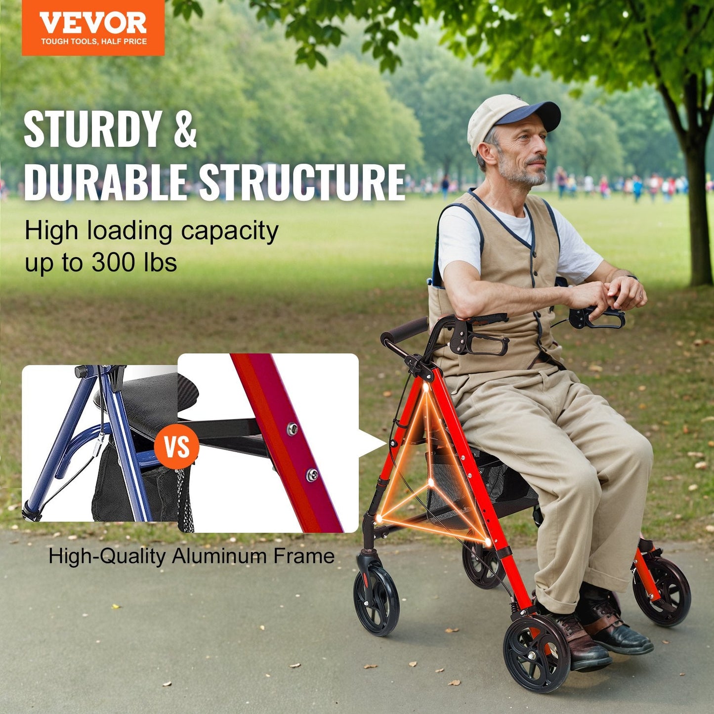 Lightweight Aluminum Rollator Walker with Adjustable Seat & 8" Wheels, 136 kg Capacity