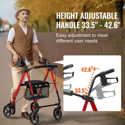 Lightweight Aluminum Rollator Walker with Adjustable Seat & 8" Wheels, 136 kg Capacity
