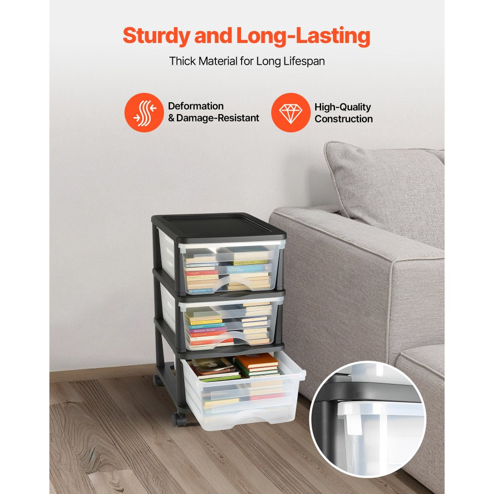 Plastic Storage Drawers Cart 3 Drawers Rolling Storage Organizer w/ Wheels