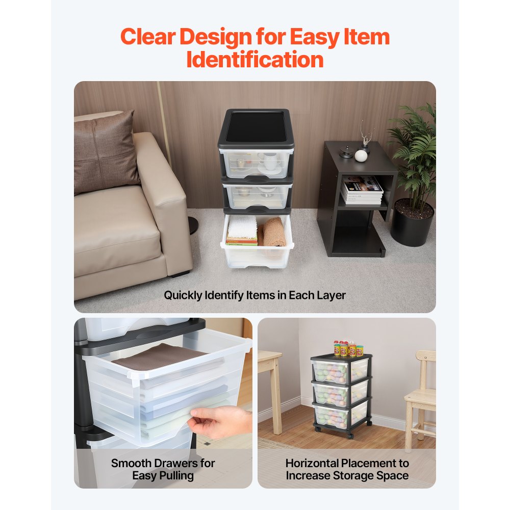 Plastic Storage Drawers Cart 3 Drawers Rolling Storage Organizer w/ Wheels