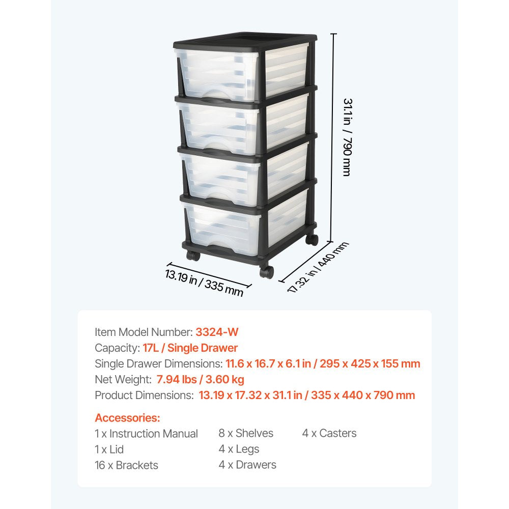 Plastic Storage Drawers Cart 4 Drawers Rolling Storage Organizer w/ Wheels