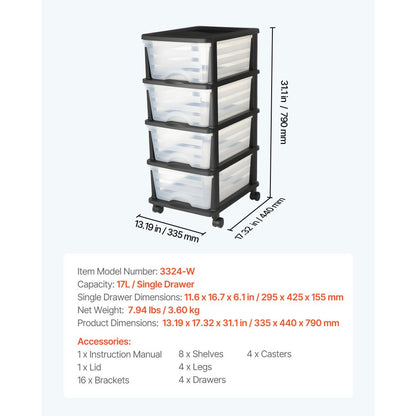 Plastic Storage Drawers Cart 4 Drawers Rolling Storage Organizer w/ Wheels