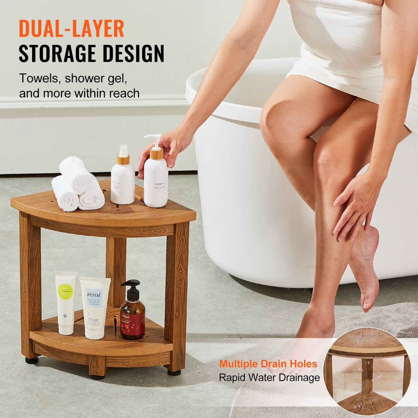 Corner Shower Bench with Storage Shelf, 0.43m Height, Faux Wood Grain, 158kg Capacity