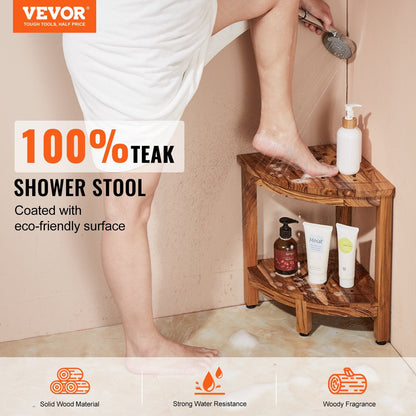 Teak Wood Shower Bench, 0.43m, Mold-Resistant, 136kg Capacity with Storage Shelf
