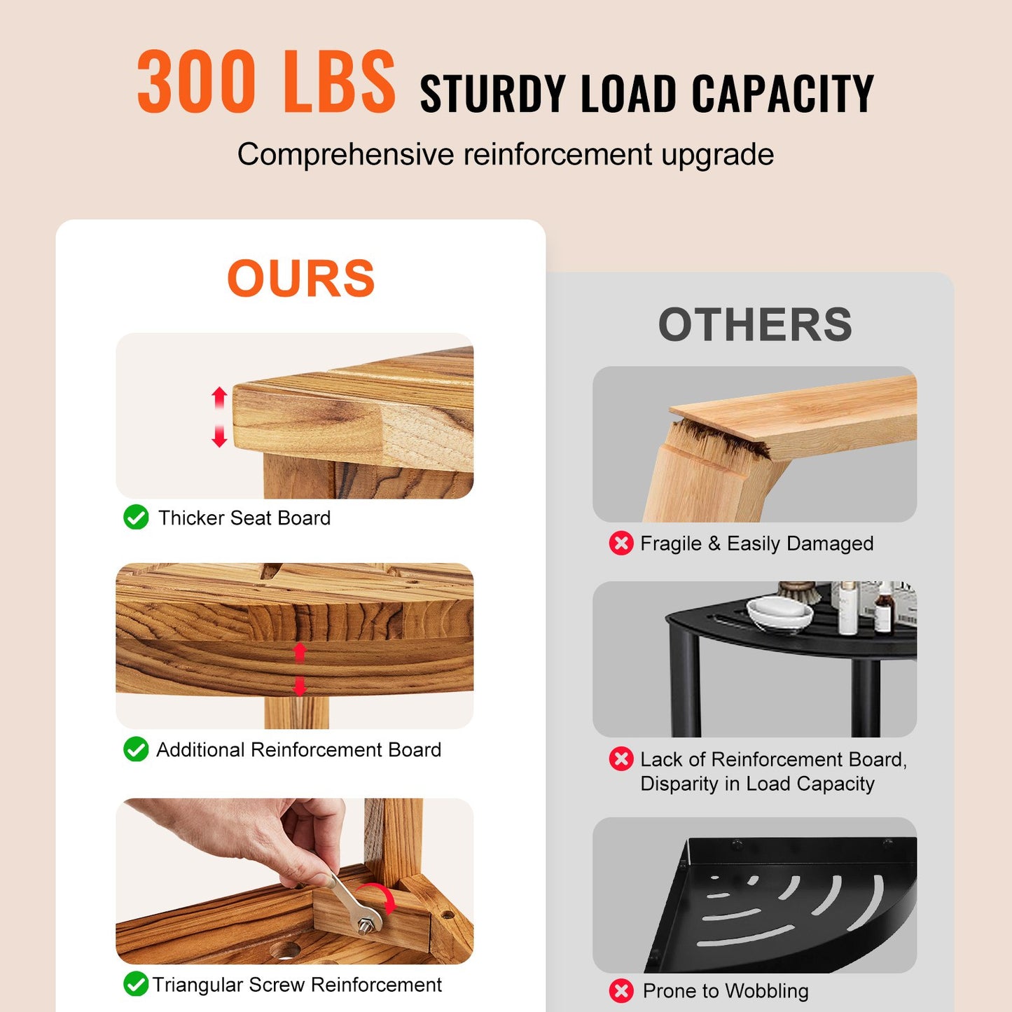 VEVOR Corner Teak Shower Bench, 17" Height 12" Radius, 100% Teak Wood Corner Shower