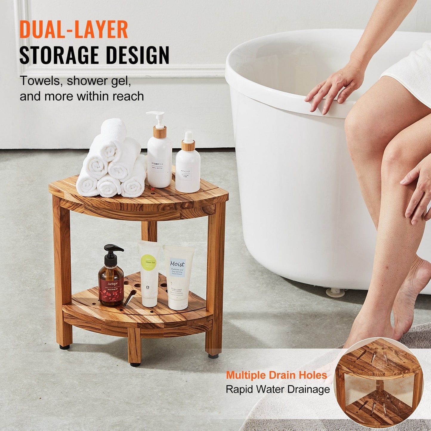 Teak Wood Shower Bench, 0.43m, Mold-Resistant, 136kg Capacity with Storage Shelf