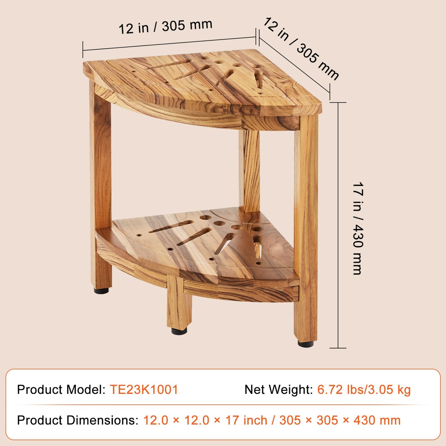 VEVOR Corner Teak Shower Bench, 17" Height 12" Radius, 100% Teak Wood Corner Shower