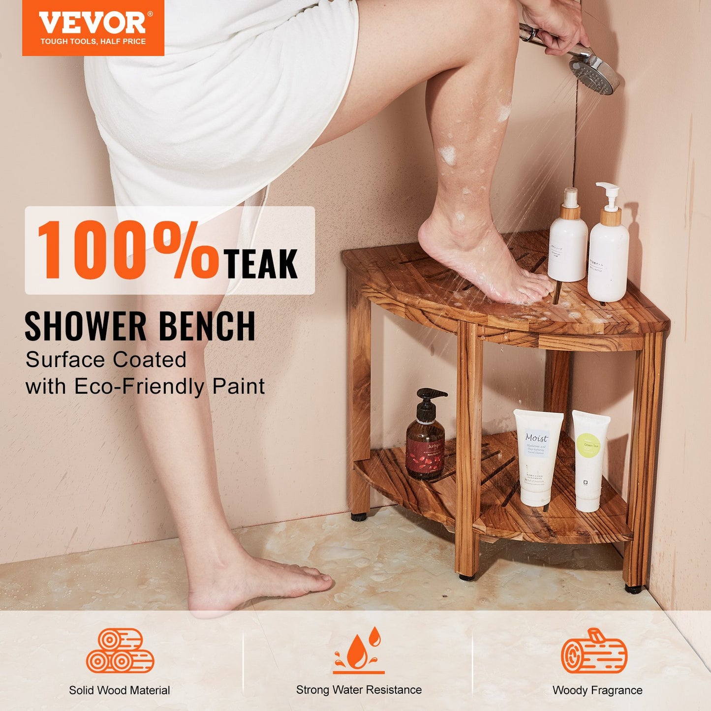VEVOR Corner Teak Shower Bench, 18.5" Height 15.5" Radius, 100% Teak Wood Corner