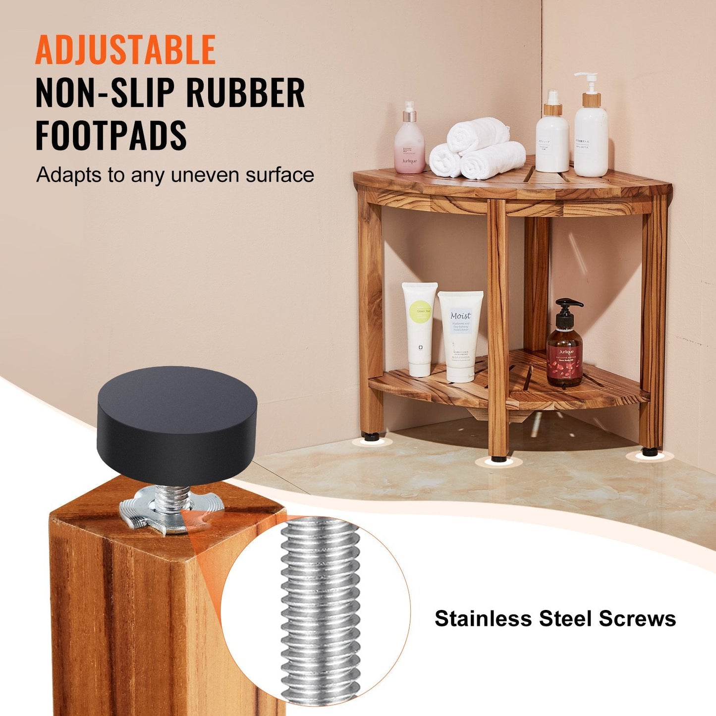 Corner Teak Shower Bench with Storage Shelf - 47cm Height, 39cm Radius, 3.85kg