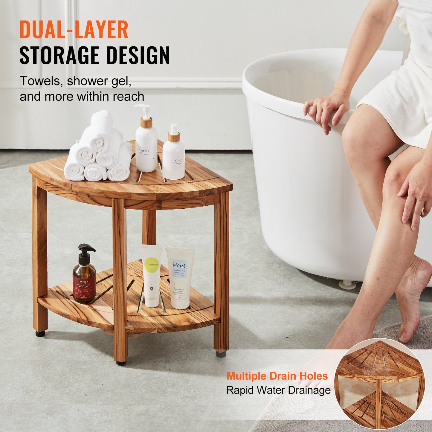 VEVOR Corner Teak Shower Bench, 18.5" Height 15.5" Radius, 100% Teak Wood Corner