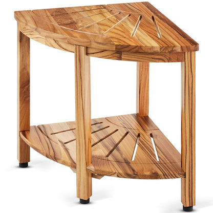 Corner Teak Shower Bench with Storage Shelf - 47cm Height, 39cm Radius, 3.85kg