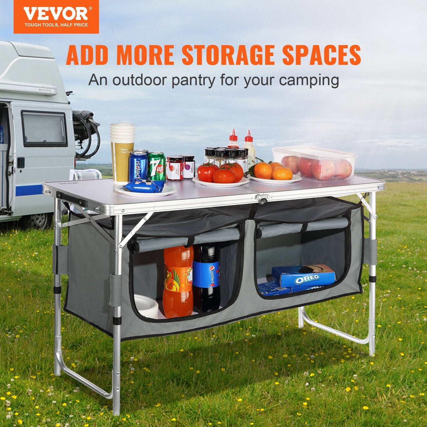 Portable Folding Camping Kitchen Table with Adjustable Heights and Carry Bag