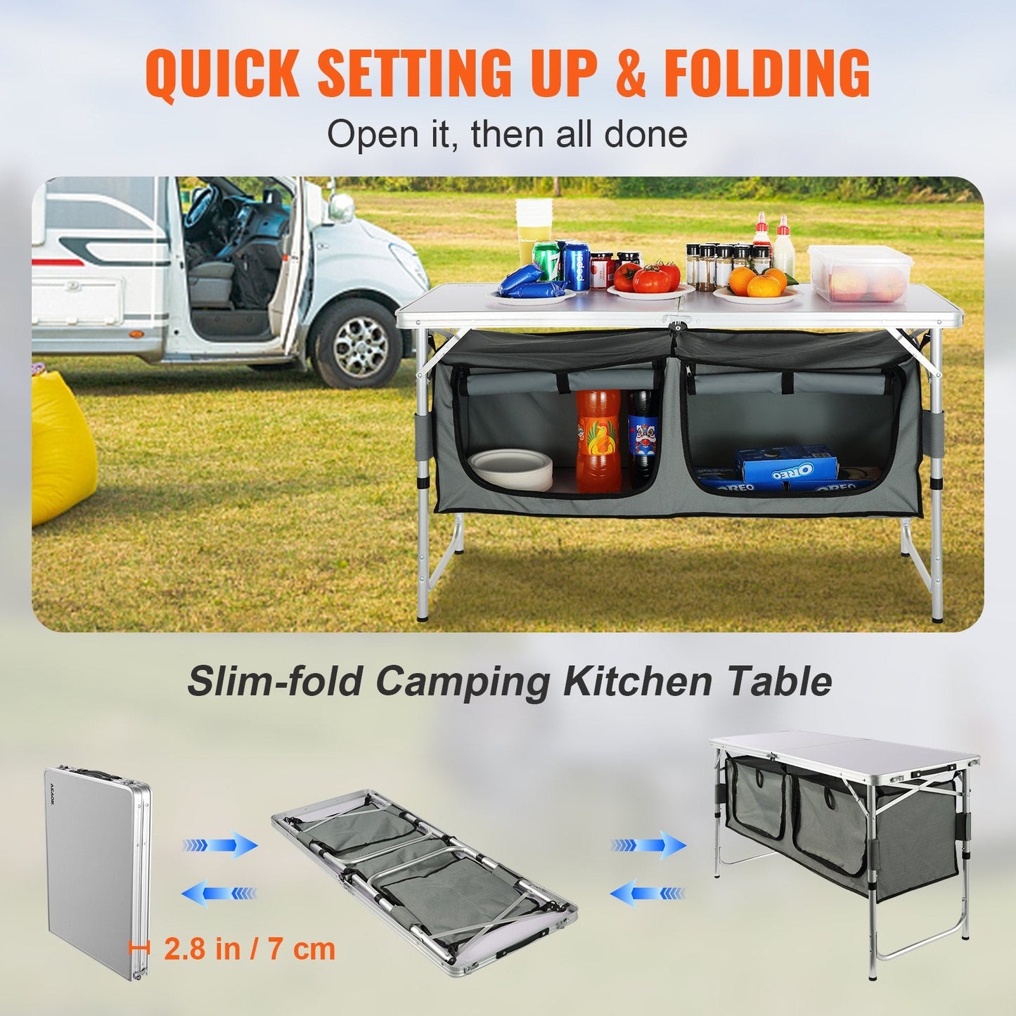 Portable Folding Camping Kitchen Table with Adjustable Heights and Carry Bag