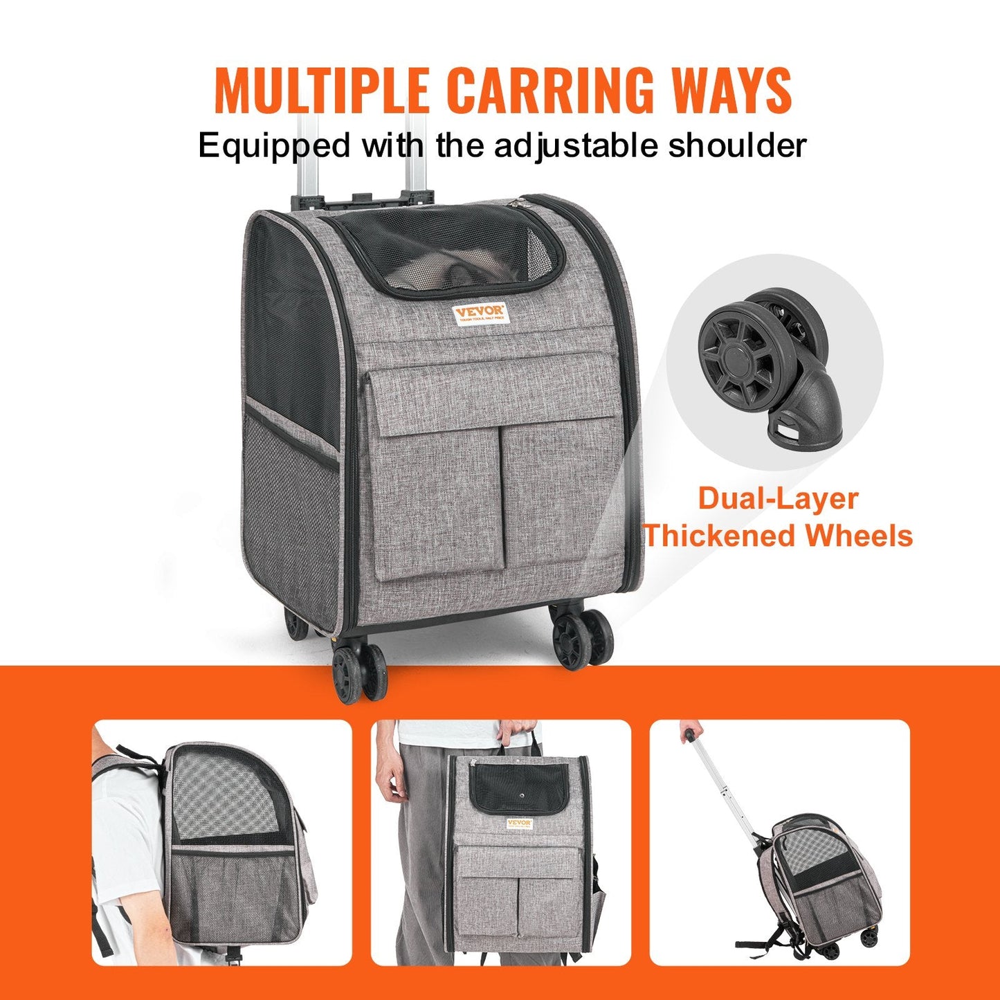 Rolling Pet Carrier with Wheels and Handle, Grey, 8.1 kg Capacity, 0.42m Size