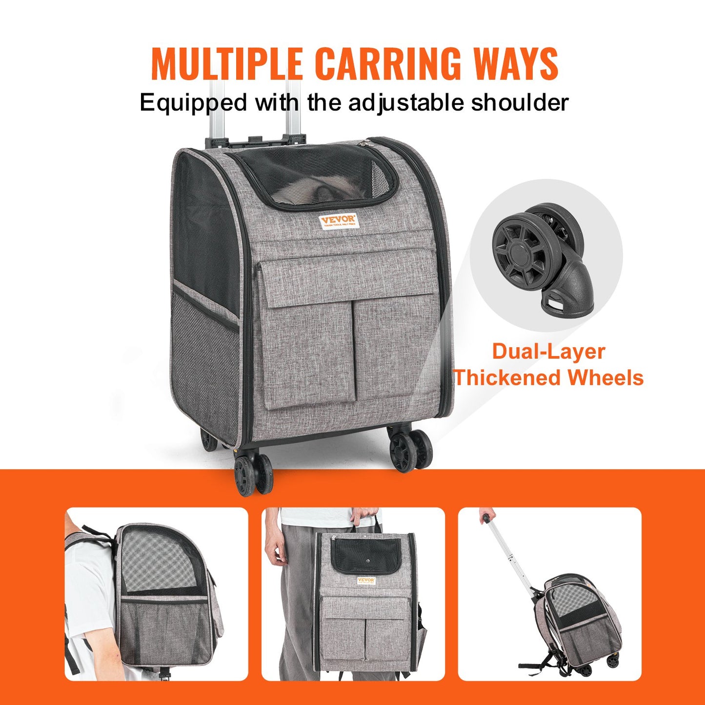 VEVOR Cat Carrier with Wheels Rolling Pet Carrier with Handle 18 lbs Grey