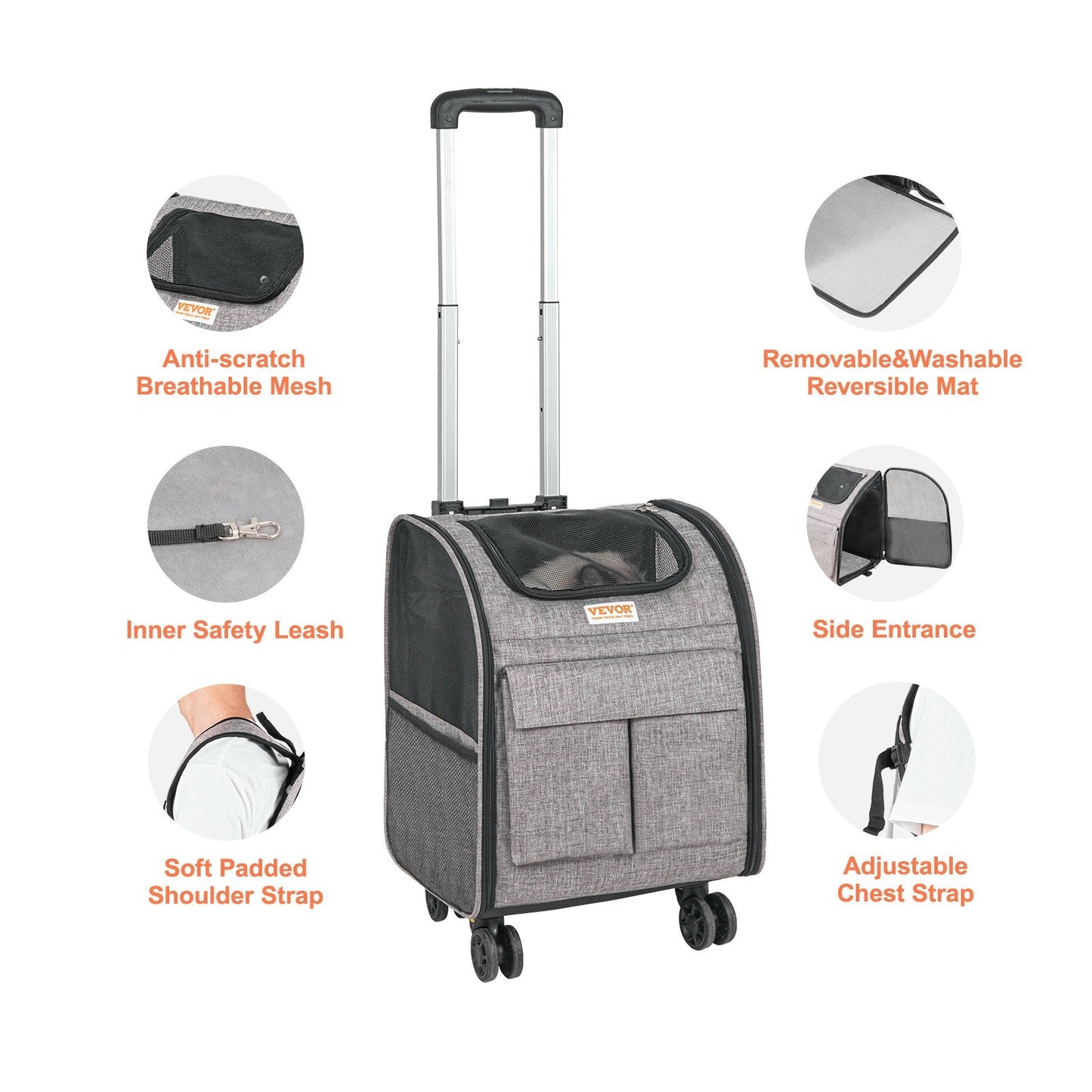 Rolling Pet Carrier with Wheels and Handle, Grey, 8.1 kg Capacity, 0.42m Size