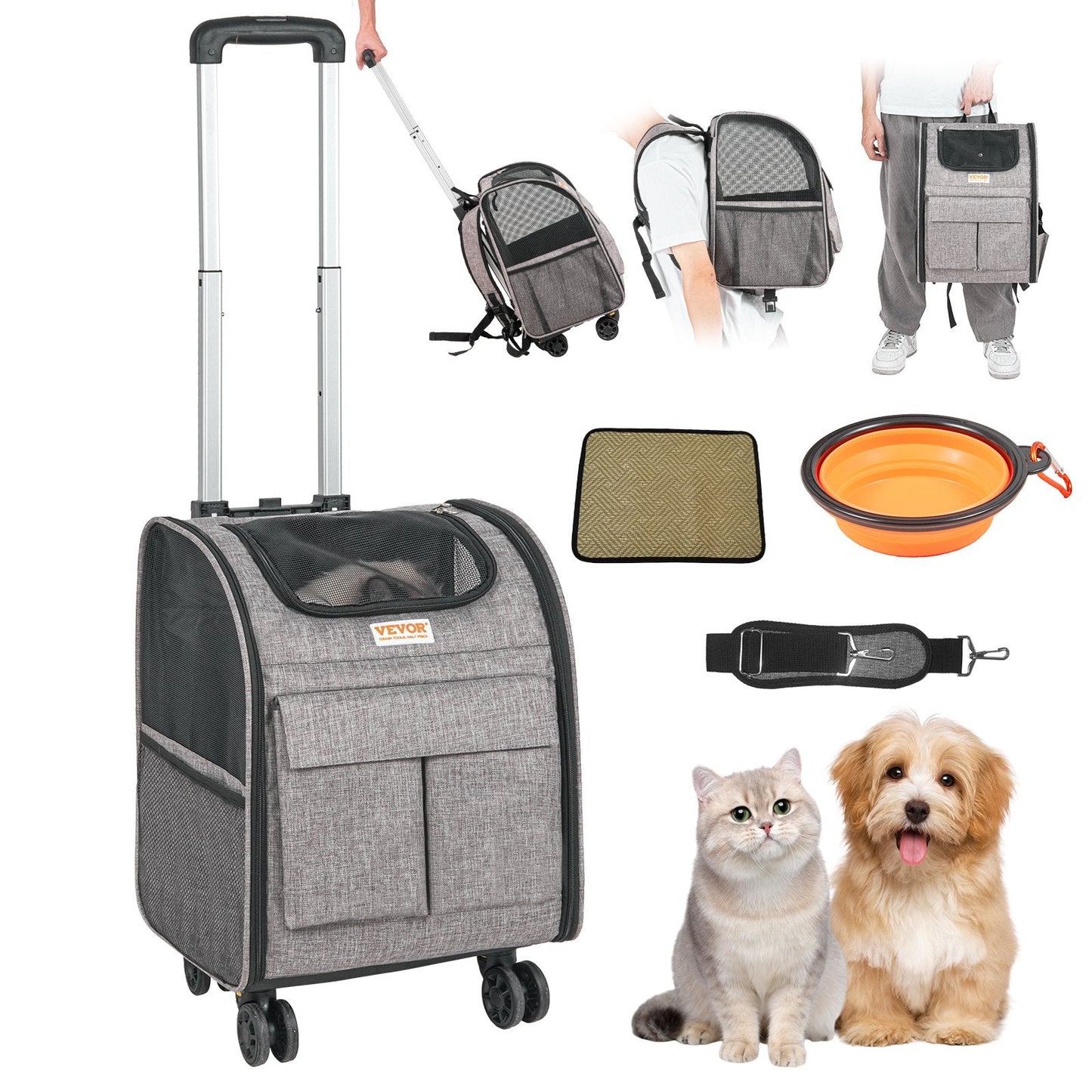 Rolling Pet Carrier with Wheels and Handle, Grey, 8.1 kg Capacity, 0.42m Size